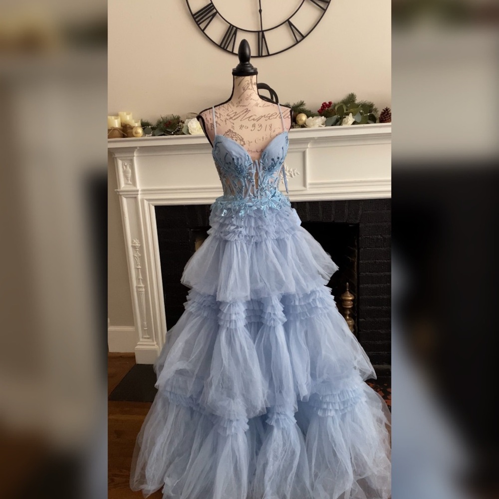 Blue ruffle prom dress, non traditional wedding dress, or pageant ball gown